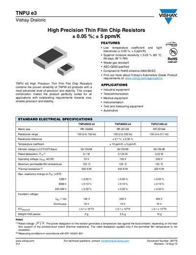 Vishay Draloric High Precision Thin Film Chip Resistors &plusmn; 0.05 %; &plusmn; 5 ppm/K Manual - cover page