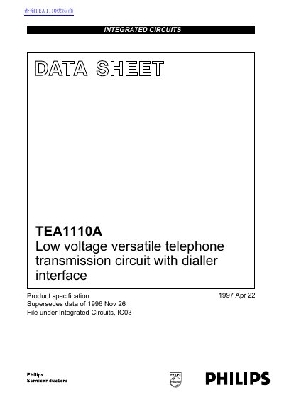 Philips TEA1110A Low Voltage Telephone Transmission Circuit Datasheet