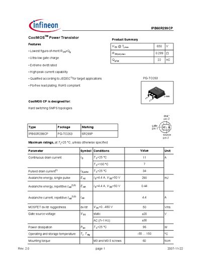 Infineon IPB60R299CP Power Transistor Datasheet - cover page