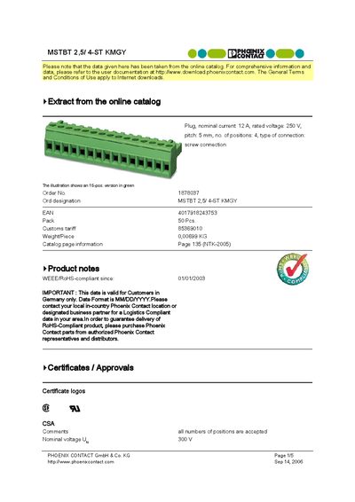 Phoenix Contact MSTBT 2,5/4-ST KMGY Product Handbook - cover page