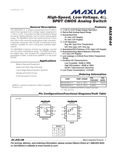Maxim MAX4644 High-Speed Low-Voltage 4Ω SPDT CMOS Analog Switch Datasheet - cover page