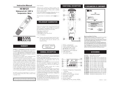 Hanna Instruments HI 98121 Waterproof pH/ORP & Temperature Meter Instruction Manual - cover page