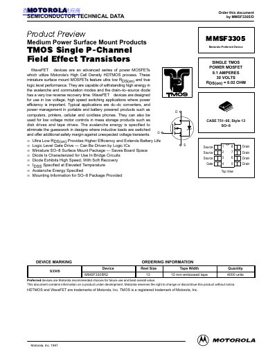 Motorola MMSF3305 Power MOSFET Datasheet - cover page