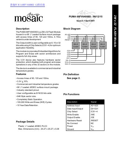 Mosaic PUMA 68FV64006X Flash Memory Datasheet - cover page