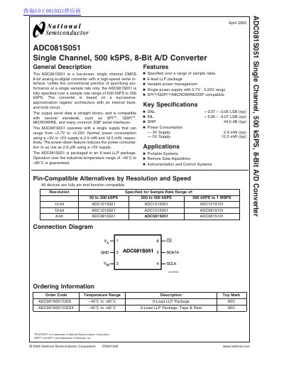 National Semiconductor ADC081S051 Single Channel 500 kSPS 8-Bit A/D Converter Datasheet