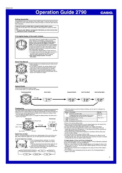 Casio 2790 Watch User Manual - cover page