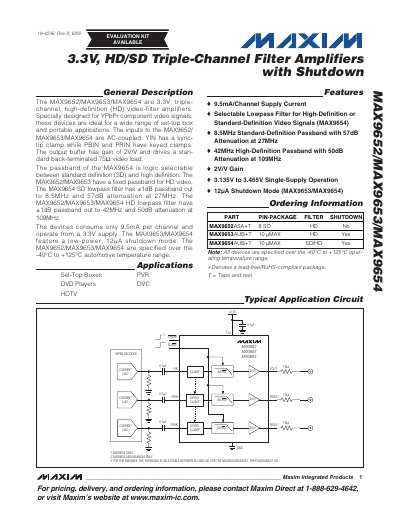 Maxim MAX9652/MAX9653/MAX9654 Triple-Channel Video Filter Amplifier Datasheet - cover page