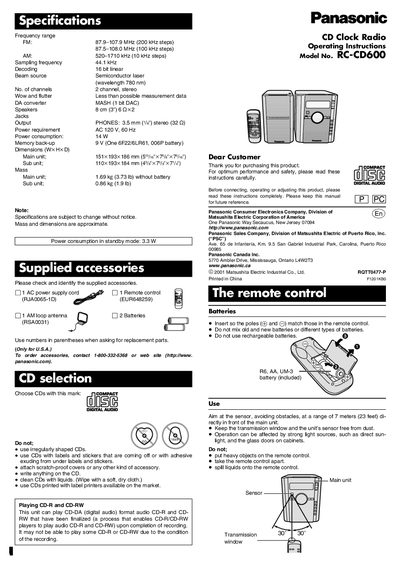 Panasonic RC-CD600 CD Clock Radio Operating Instructions