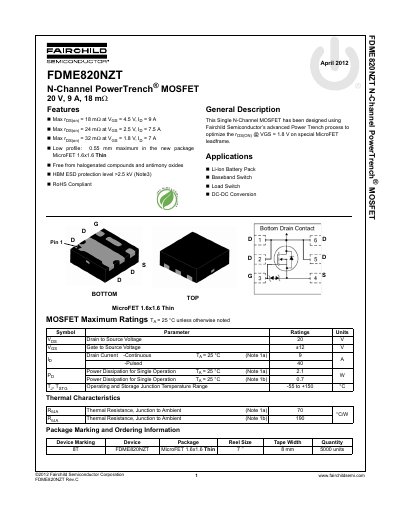 Fairchild FDME820NZT N-Channel MOSFET Datasheet - cover page