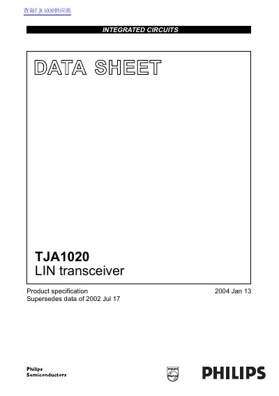 Philips TJA1020 LIN Transceiver Data Sheet - cover page