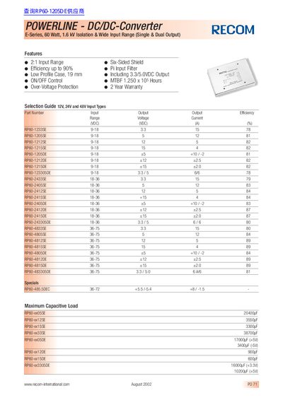 RECOM POWERLINE E-Series DC/DC Converter Datasheet - cover page