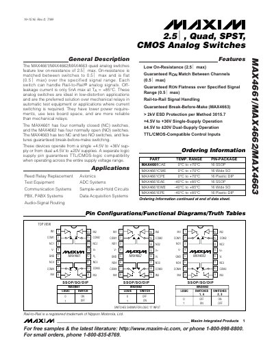 Maxim MAX4661/MAX4662/MAX4663 Quad Analog Switch Datasheet - cover page