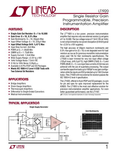 Linear Technology LT1920 Instrumentation Amplifier Datasheet - cover page