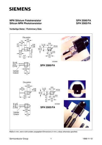 Siemens SFH 3500/FA and SFH 3505/FA Phototransistor Data Sheet - cover page
