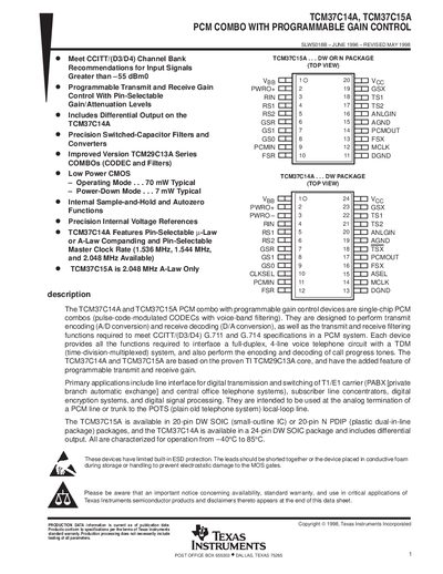 Texas Instruments TCM37C14A/TCM37C15A PCM Combo with Programmable Gain Control Datasheet - cover page