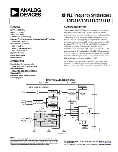 Analog Devices ADF4116/ADF4117/ADF4118 Frequency Synthesizer Datasheet Rev D - cover page
