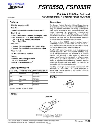 Intersil FSF055D FSF055R Radiation Hardened MOSFET Datasheet - cover page