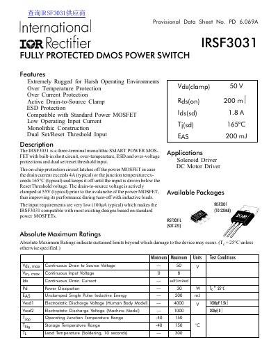 International Rectifier IRSF3031 Provisional Data Sheet - cover page