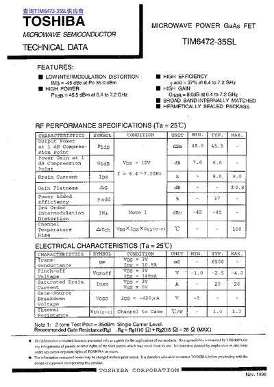 Toshiba TIM6472-35SL Microwave Power GaAs FET Datasheet - cover page
