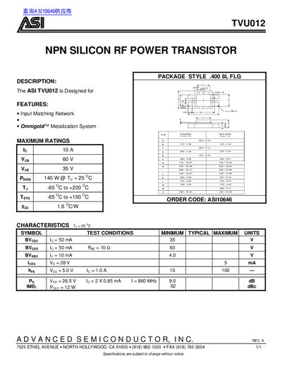 ASI TVU012 NPN Silicon RF Power Transistor Datasheet - cover page