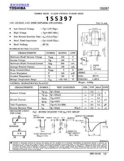 Toshiba 1SS397 Silicon Epitaxial Planar Diode Datasheet - cover page