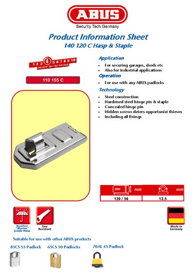 ABUS 140 120 C Hasp & Staple Product Information Sheet - cover page