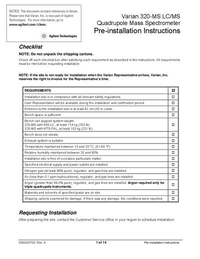 Agilent 320-MS LC/MS Quadrupole Mass Spectrometer Pre-installation Instructions - cover page