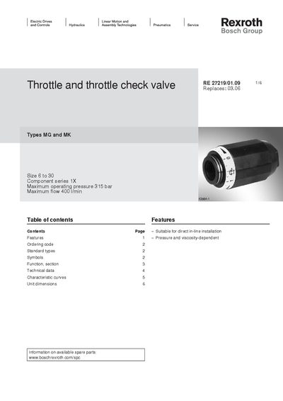 Bosch Rexroth MG and MK Throttle Valve and Check Valve Manual - cover page