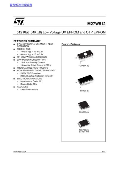 STMicroelectronics M27W512 Low Voltage UV EPROM Datasheet