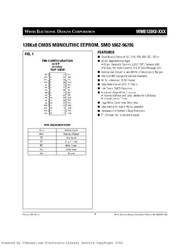 WHITE ELECTRONIC DESIGNS CORPORATION WME128K8-XXX SMD 5962 96796  - cover page