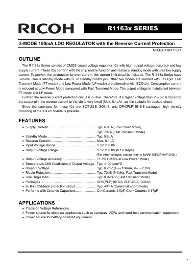 Ricoh R1163x Series 3-Mode 150mA LDO Regulator Datasheet - cover page