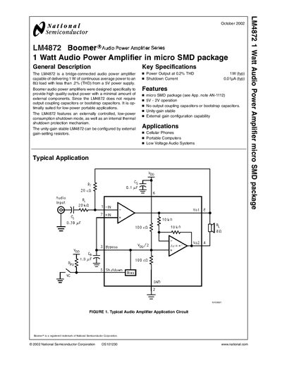 National Semiconductor LM4872 1 Watt Audio Power Amplifier Micro SMD Package Datasheet - cover page