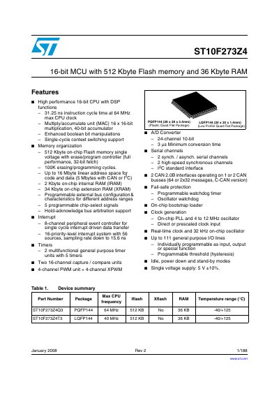 STMicroelectronics ST10F273Z4 16-bit MCU Datasheet