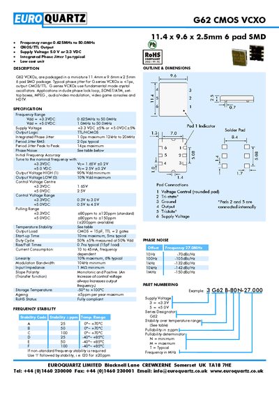 EuroQuartz G62 CMOS VCXO Datasheet - cover page