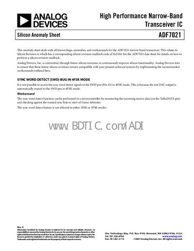Analog Devices ADF7021 Silicon Anomaly Sheet - cover page