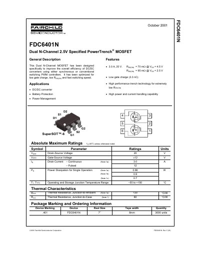 Fairchild FDC6401N Dual N-Channel MOSFET Datasheet - cover page