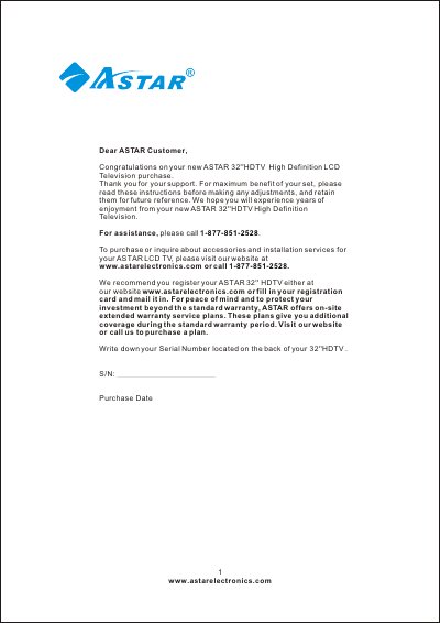 Astar 32 HDTV High Definition LCD Television User Manual - cover page