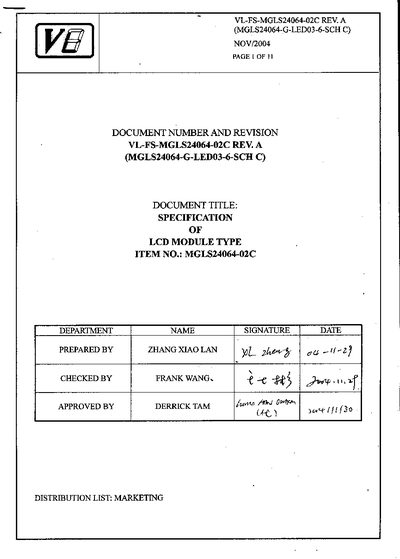 Varitronix MGLS24064-02C LCD Module Specification - cover page