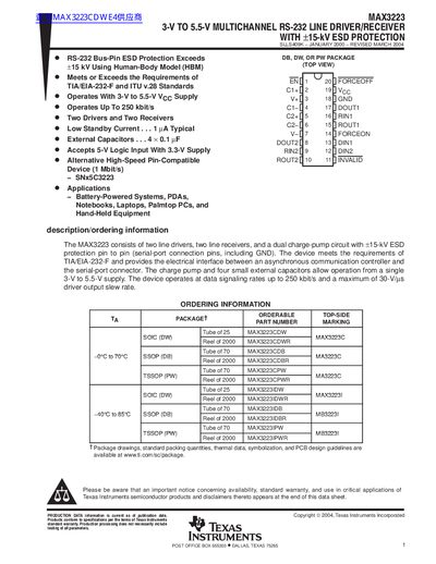 TEXAS INSTRUMENTS MAX3223 Data Sheet1 - cover page