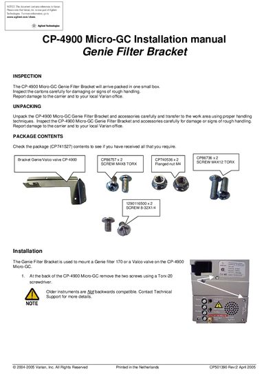 Agilent CP-4900 Micro-GC Genie Filter Bracket Installation Manual - cover page