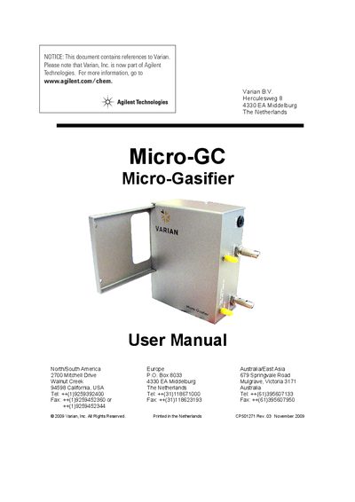 Varian Micro-Gasifier User Manual - cover page