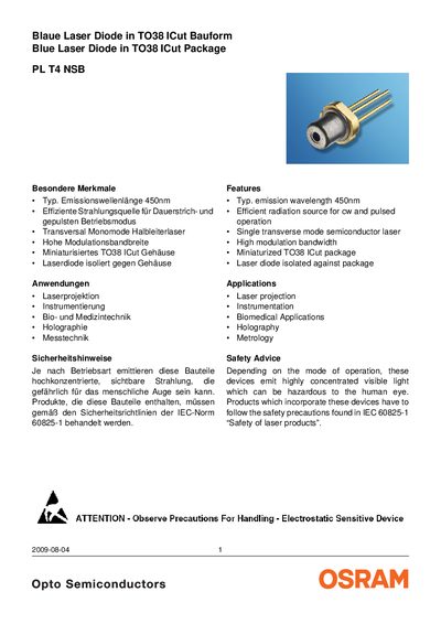OSRAM SYLVANIA - PL T4 NSB Blaue Laser Diode in TO38 ICut Bauform Blue Laser Diode in TO38 ICut Package - cover page