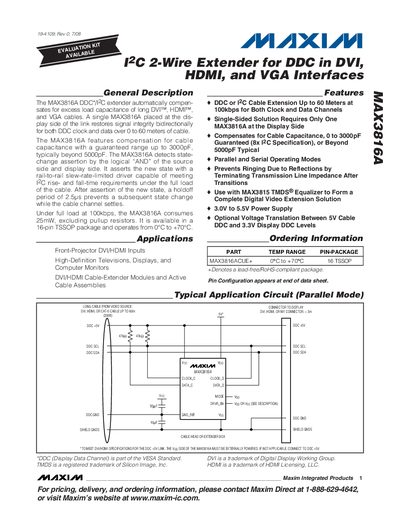 Maxim MAX3816A I2C 2‑Wire Extender Datasheet - cover page