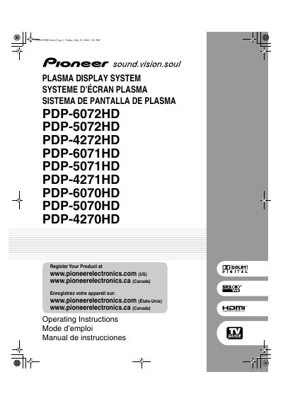Pioneer PDP-6072HD/PDP-5072HD/PDP-4272HD/PDP-6071HD/PDP-5071HD/PDP-4271HD/PDP-6070HD/PDP-5070HD/PDP-4270HD Plasma Displa - cover page