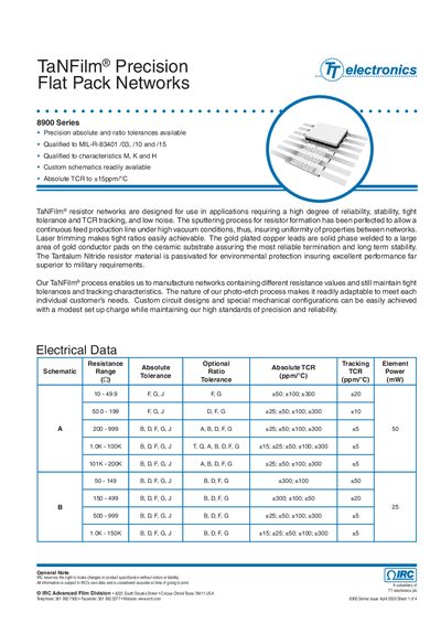 TT Electronics 8900 Series TaNFilm Precision Flat Pack Networks Handbook - cover page