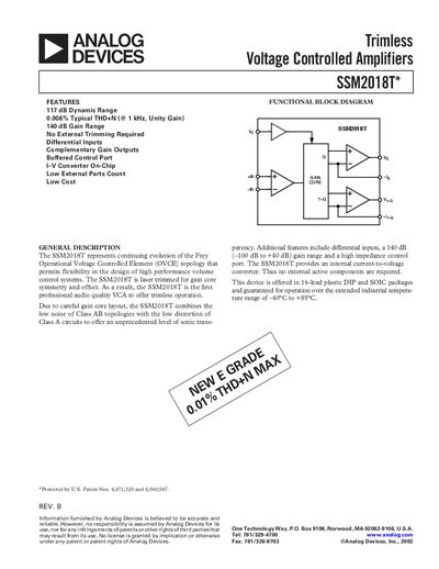 Analog Devices SSM2018T Voltage Controlled Amplifier Datasheet - cover page