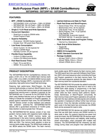 SST Multi-Purpose Flash (MPF) + SRAM ComboMemory SST32HF802 SST32HF162 SST32HF164 Data Sheet - cover page