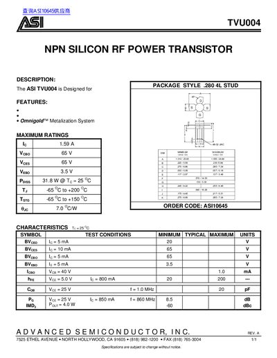 ASI TVU004 NPN Silicon RF Power Transistor Datasheet - cover page
