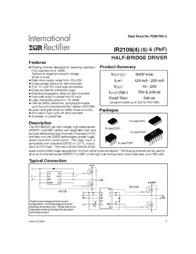 International Rectifier IR2109(4) Half‑Bridge Driver Datasheet - cover page