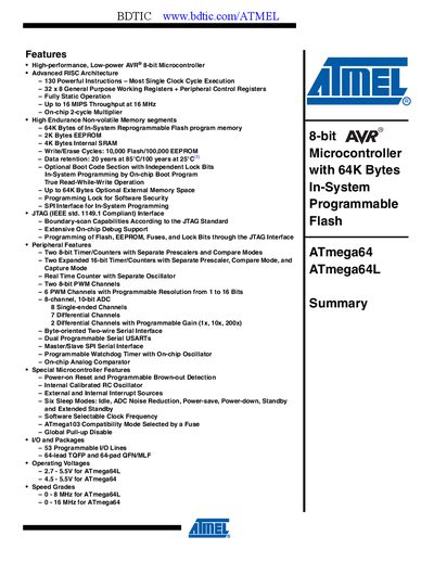 Atmel ATmega64/ATmega64L Summary Manual - cover page